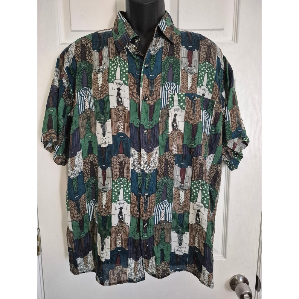 Surprise Mens Silk Short Sleeve Button Up Shirt Novelty Tie Print Green Large